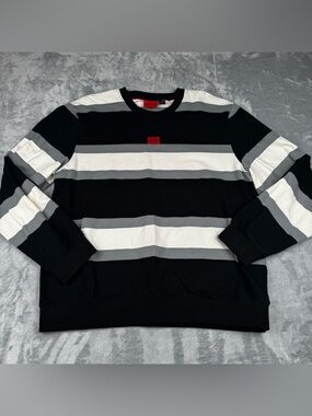 Hugo Boss Sweatshirt Mens Size XXL Logo Contrast Striped Crew Black Gray White